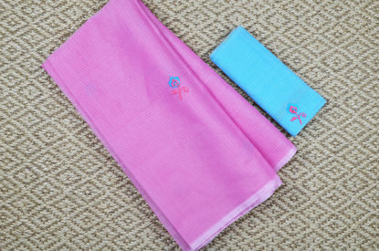 Picture of Pink and Sky Blue Embroided Kota Doria Silk Cotton Saree