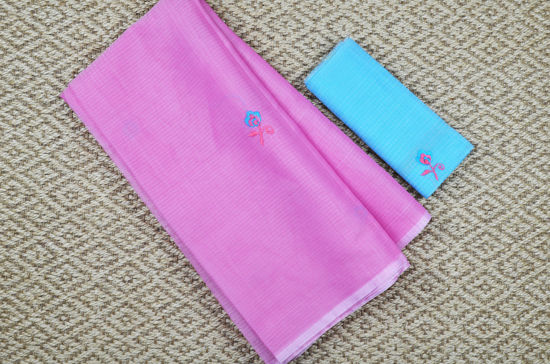 Picture of Pink and Sky Blue Embroided Kota Doria Silk Cotton Saree