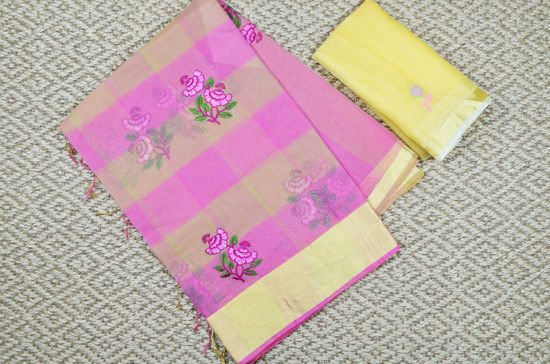 Picture of Pink and Beige Checks Embroided Kota Doria Silk Cotton Saree with Zari Border
