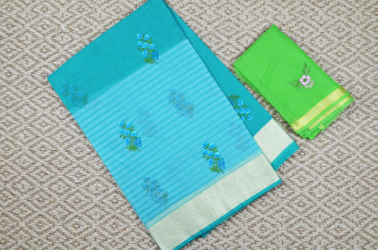 Picture of Sea Green Embroided Kota Doria Silk Cotton Saree with Zari Border