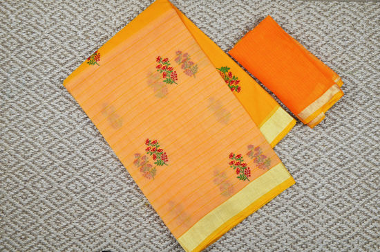 Picture of Mango Yellow Embroided Kota Doria Silk Cotton Saree with Zari Border