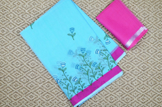 Picture of Sky Blue and Pink Embroided Kota Doria Silk Cotton Saree with Satin Border