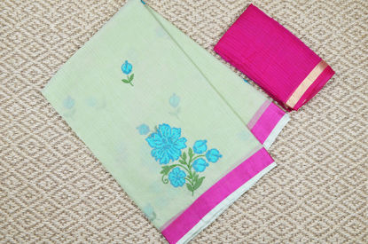 Picture of Mint and Pink Embroided Kota Doria Silk Cotton Saree with Satin Border