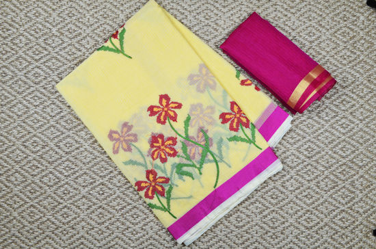 Picture of Lemon Yellow and Pink Embroided Kota Doria Silk Cotton Saree with Satin Border