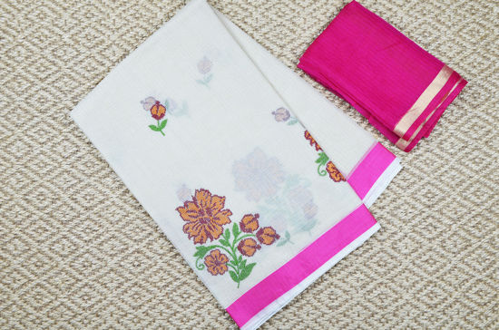 Picture of Beige and Pink Embroided Kota Doria Silk Cotton Saree with Satin Border