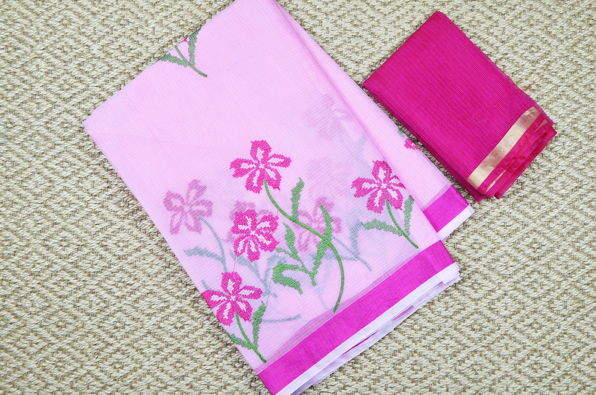 Salmon Pink With Yellow Flower Kota Doria Embroidery Cotton Saree With Running Blouse