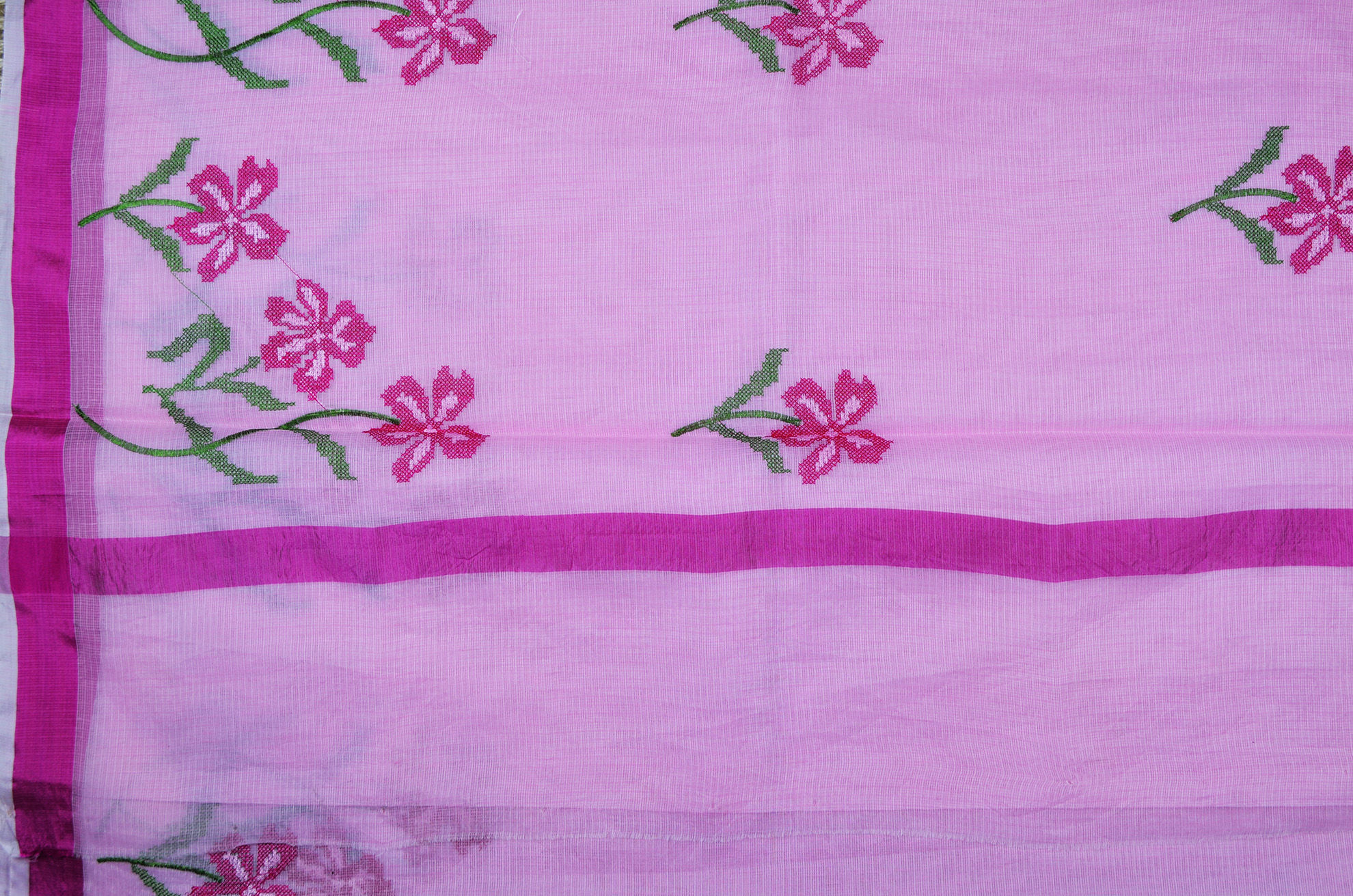 Baby Pink Artistic Flowery KotaDoria Block Printed Cotton Saree With Blouse main image 0