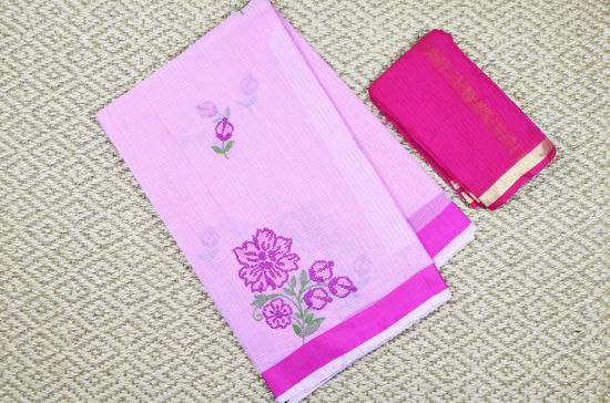 Picture of Baby Pink and Pink Embroided Kota Doria Silk Cotton Saree with Satin Border