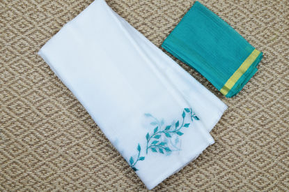 Picture of White and Sea Green Embroided Kota Doria Silk Cotton Saree