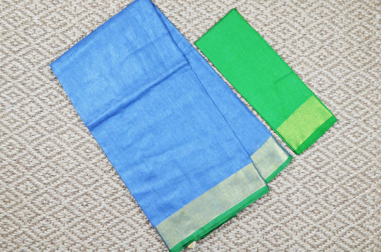 Picture of Bluish Grey and Green Plain Pure Linen Cotton Saree with Gold Border