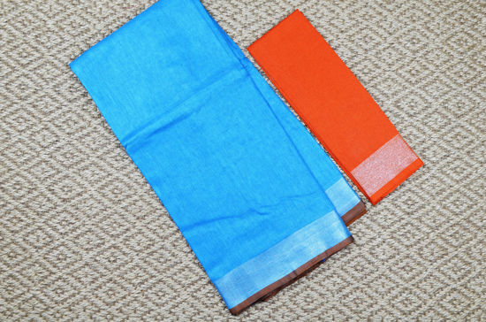 Picture of Sky Blue and Orange Plain Pure Linen Cotton Saree with Silver Border