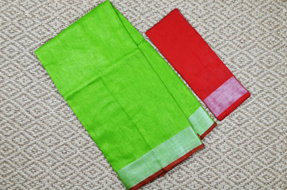 Picture of Green and Red Plain Pure Linen Cotton Saree with Silver Border