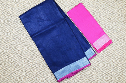 Picture of Navy Blue and Pink Plain Pure Linen Cotton Saree with Silver Border