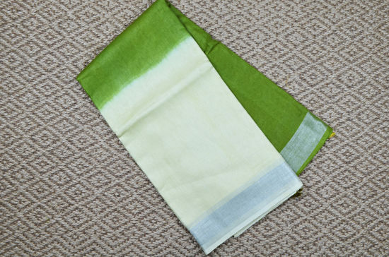 Picture of Ivory White and Mehandi Green Pure Linen Cotton Saree with Silver Border