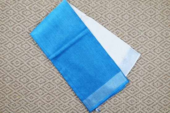Picture of White and Prussian Blue Pure Linen Cotton Saree with Silver Border