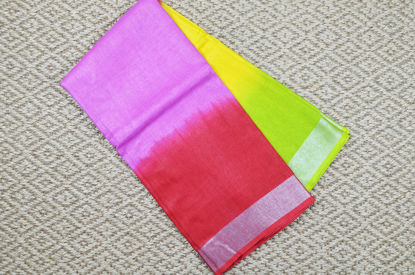 Picture of "Pink, Yellow and Green Pure Linen Cotton Saree with Silver Border"