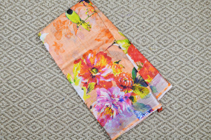 Picture of Melon Orange Floral Digital Print Pure Linen Cotton Saree with Silver Border