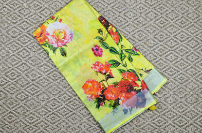 Picture of Lemon Yellow Floral Digital Print Pure Linen Cotton Saree with Silver Border