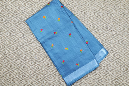 Picture of Grey Folral Embroidery Linen Cotton Saree with Silver Border