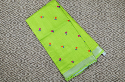 Picture of Parrot Green Floral Embroidery Linen Cotton Saree with Silver Border