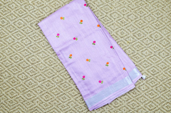 Picture of Onion Pink Floral Embroidery Linen Cotton Saree with Silver Border