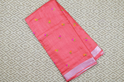 Picture of Brick Red Floral Embroidery Linen Cotton Saree with Silver Border