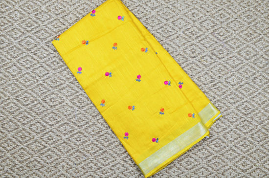 Picture of Mustard Yellow Floral Embroidery Linen Cotton Saree with Silver Border