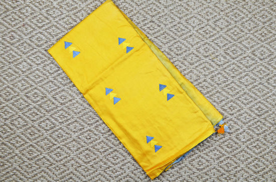 Picture of Mustard Yellow and Grey Embroidery Work Katan Silk Saree