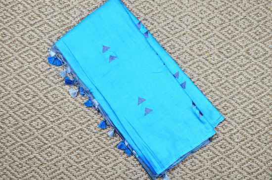 Picture of Sky Blue and Grey Embroidery Work Katan Silk Saree