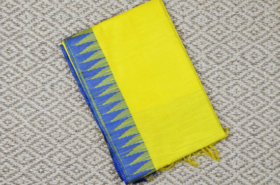 Picture of Neon Yellow and Royal Blue Bhagalpuri Silk Saree with Temple Border