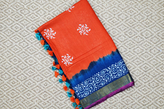 Picture of Orange and Prussian Blue Batik Print Bhagalpuri Silk Saree
