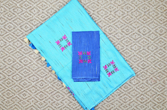 Picture of Sky Blue Floral Embroidery Work Ghicha Silk Saree