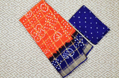 Picture of Orange and Violet Checks Tie and Dye Bandhani Cotton Saree
