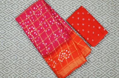 Picture of Peach and Orange Checks Tie and Dye Bandhani Cotton Saree