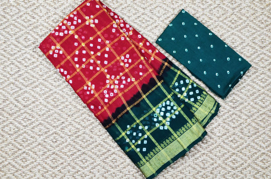 Picture of Red and Bottle Green Checks Tie and Dye Bandhani Cotton Saree