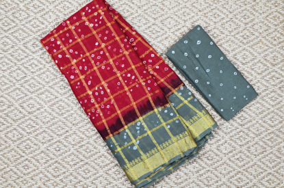 Picture of Red and Grey Checks Tie and Dye Bandhani Cotton Saree