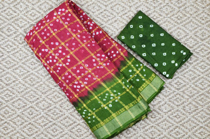 Picture of Brick Red and Mehandi Green Checks Tie and Dye Bandhani Cotton Saree