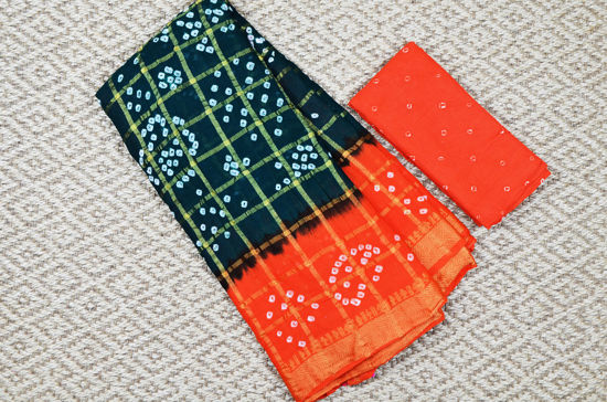 Picture of Dark Green and Orange Checks Tie and Dye Bandhani Cotton Saree