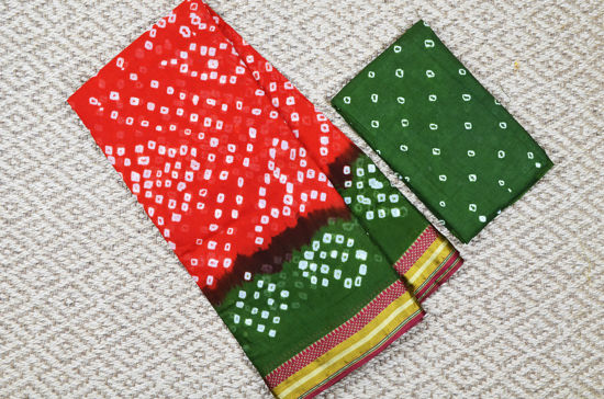 Picture of Orange and Mehandi Green Tie and Dye Bandhani Cotton Saree Gadwal Border