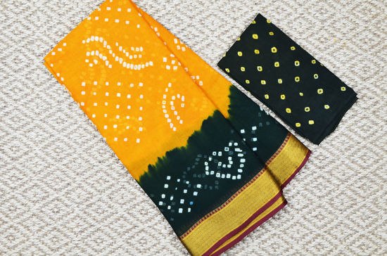 Picture of Yellow and Bottle Green Tie and Dye Bandhani Cotton Saree Gadwal Border