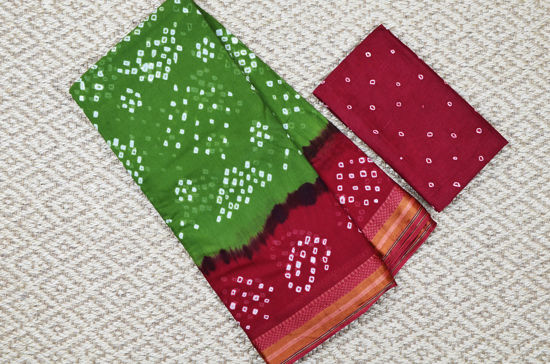 Picture of Mehandi Green and Red Tie and Dye Bandhani Cotton Saree Gadwal Border