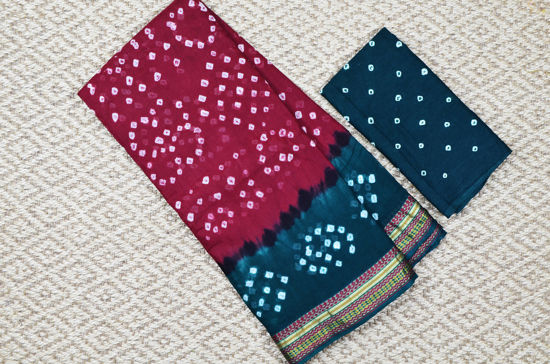 Picture of Maroon and Peacock Green Tie and Dye Bandhani Cotton Saree Gadwal Border