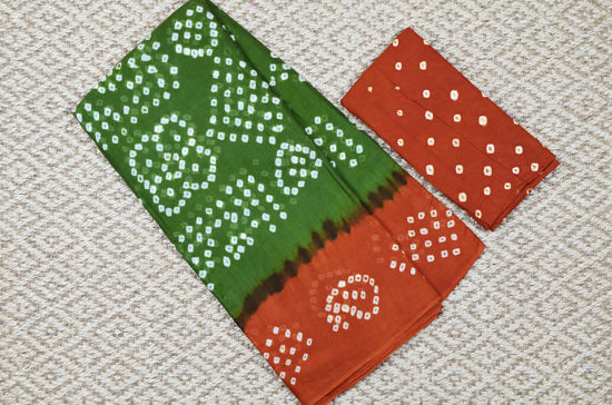 Picture of Mehandhi Green and Brick Red Tie and Dye Bandhani Cotton Saree with out Border