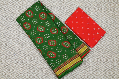 Picture of MehandI Green and Brick Red Tie and Dye Bandhani Cotton Saree with Border