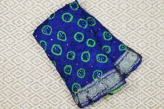 Picture of Navy Blue and Green Tie and Dye Bandhani Art Silk Saree with Zari Border