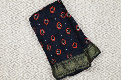 Picture of Black and Orange Tie and Dye Bandhani Art Silk Saree with Zari Border