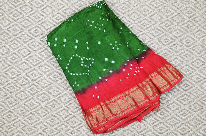 Picture of Green and Peach Tie and Dye Bandhani Art Silk Saree with Zari Border