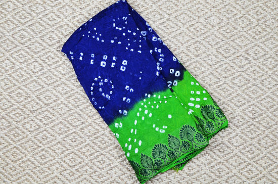 Picture of Royal Blue and Parrot Green Tie and Dye Bandhani Art Silk Saree with Zari Border