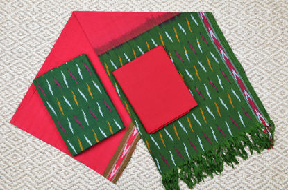 Picture of Green and Red Pochampally Cotton Dress Material