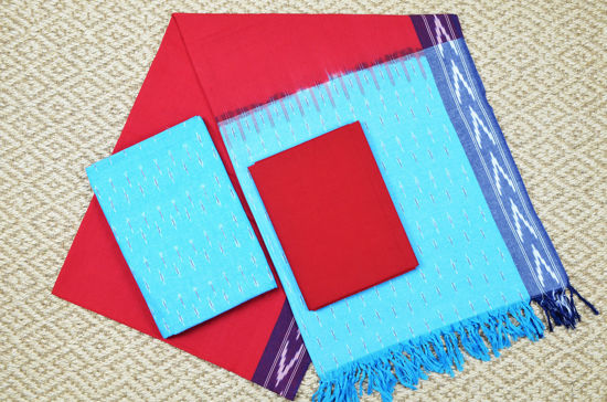 Picture of Sky Blue and Red Pochampally Cotton Dress Material